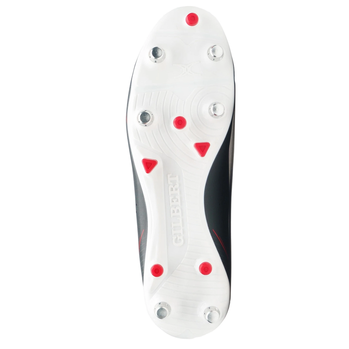 Bottom view of the Gilbert Cage Torq 6S SG - Black/Red rugby boot showing a white sole with metal and red plastic studs, and "Gilbert" embossed in the center—ideal for players needing soft ground performance.