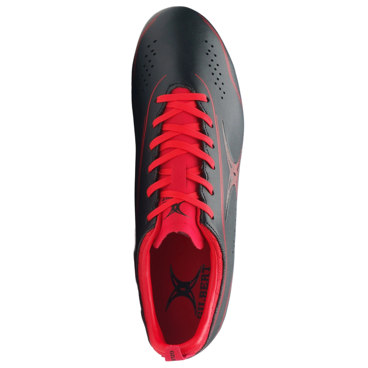 The Gilbert Cage Torq 6S SG - Black/Red is a lightweight rugby boot with red laces and interior lining, seen from above; it displays the Gilbert logo on the insole and side.