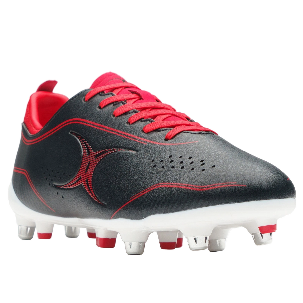 The Gilbert Cage Torq 6S SG in black and red boasts red laces, silver metal studs, and a striking "X" logo—an ideal lightweight rugby boot for agile backs needing top performance on soft ground.