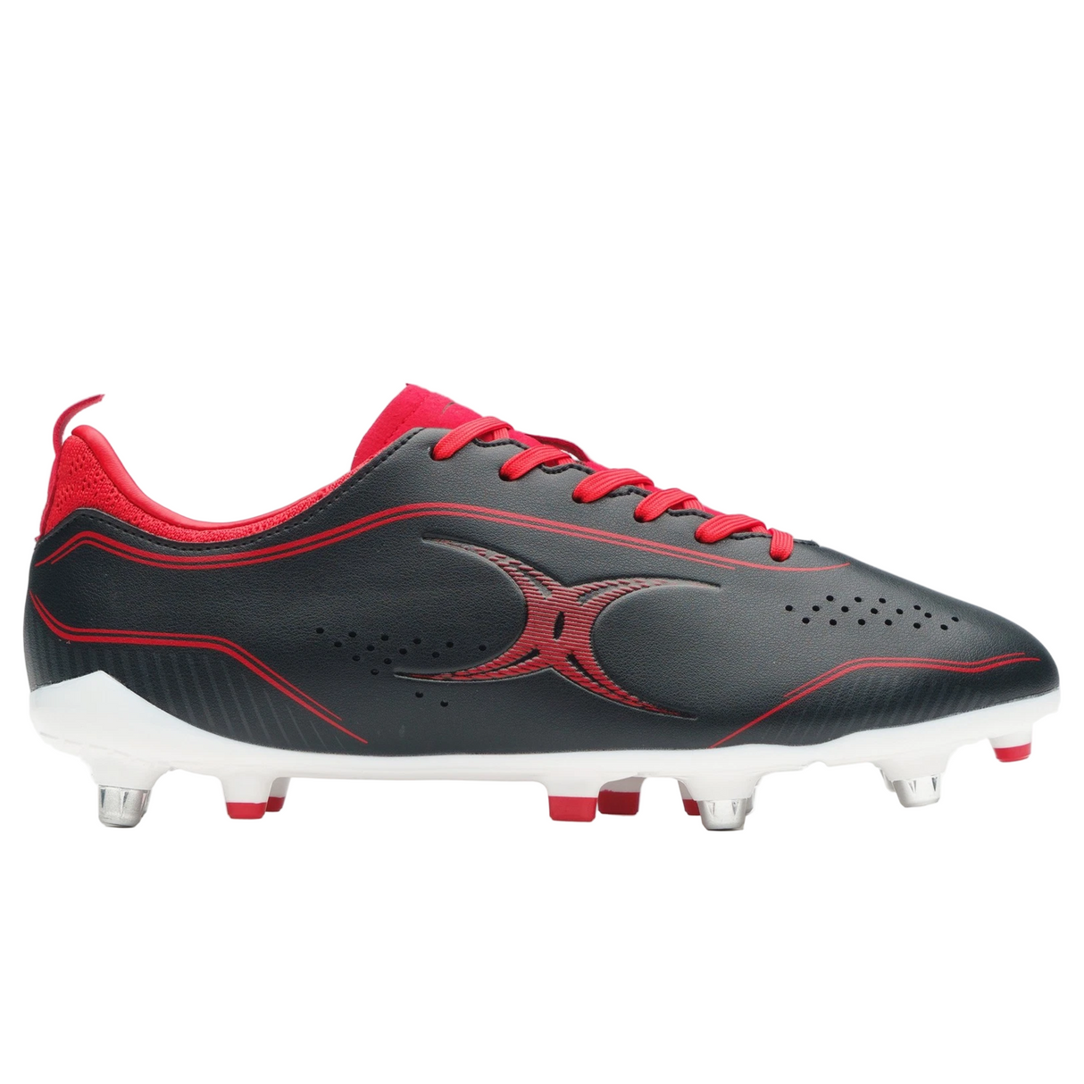 The Gilbert Cage Torq 6S SG - Black/Red rugby boots by Gilbert feature a black and red design, white sole, red laces, logo on the side, and metal studs—ideal lightweight choice for agile backs needing speed and grip on soft ground.