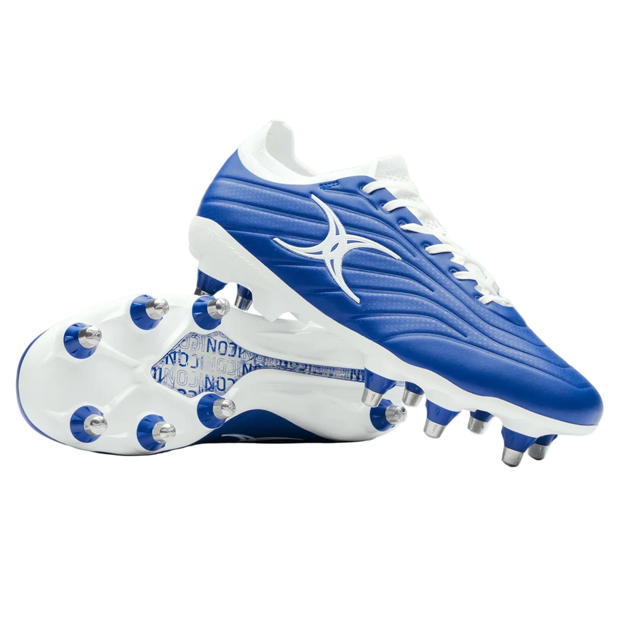 A pair of Gilbert Icon Power 8S V2 SG soccer cleats in blue, one upright and one on its side to show the metal-studded sole.