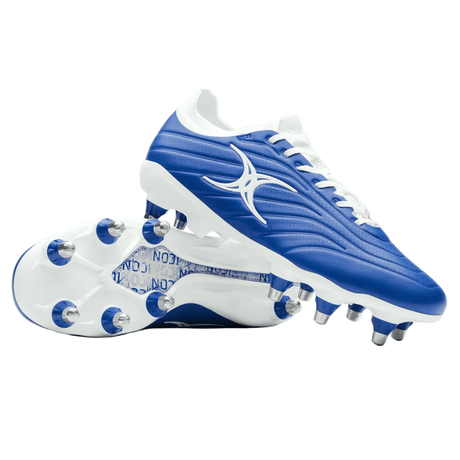 Introducing the Gilbert Icon Power 8S V2 SG Rugby Boot in blue—a pair of blue and white rugby boots from Gilbert, featuring metal studs and a distinctive white star-like logo on the side. Designed for soft ground, these boots provide excellent traction during wet conditions.