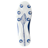 The image displays the sole of the Gilbert Icon Power 8S V2 SG rugby cleat, featuring six metal studs in a circular pattern and blue branding on the white sole.