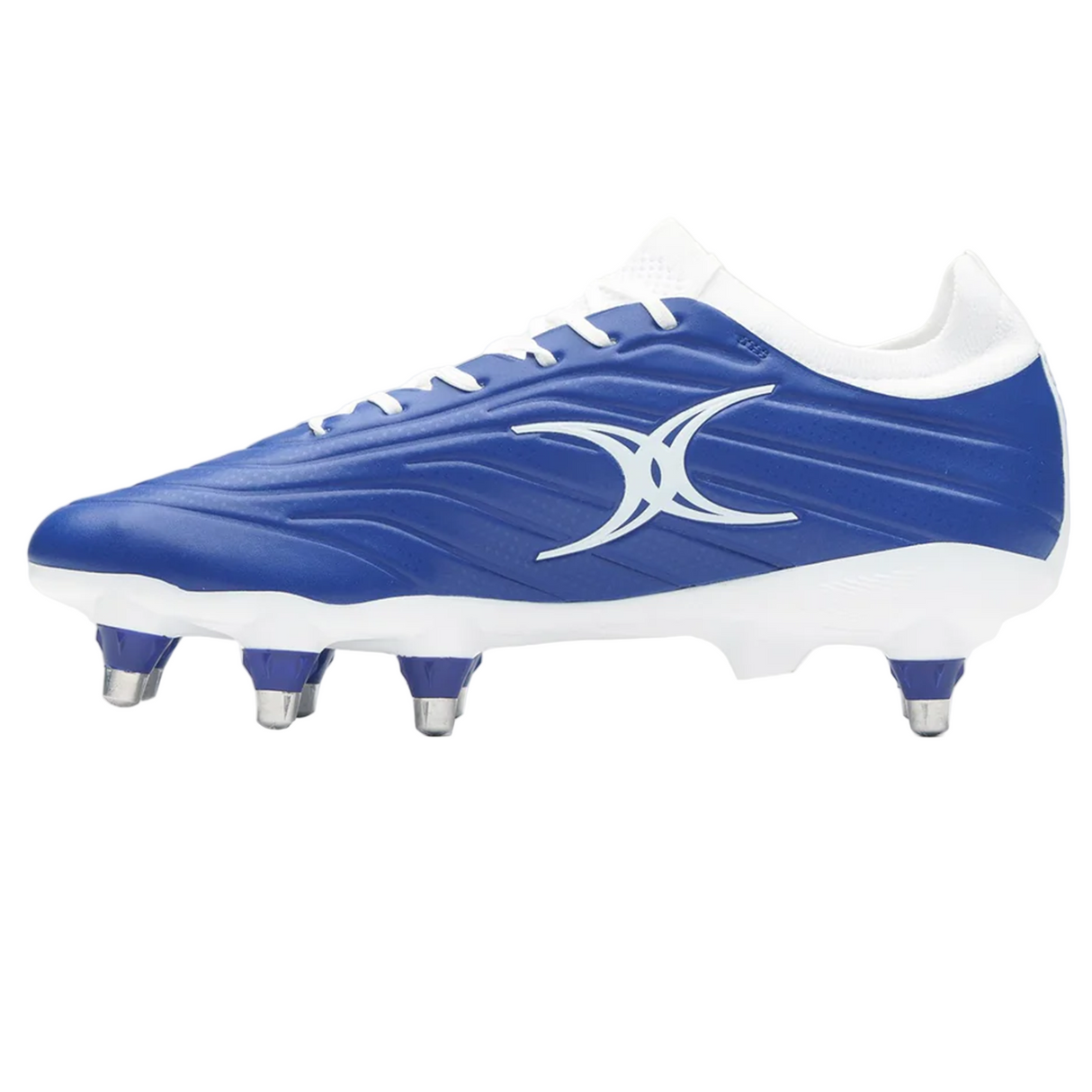 The Gilbert Icon Power 8S V2 SG rugby boot in blue has four metal studs and a white abstract side logo, displayed in profile against a plain background.