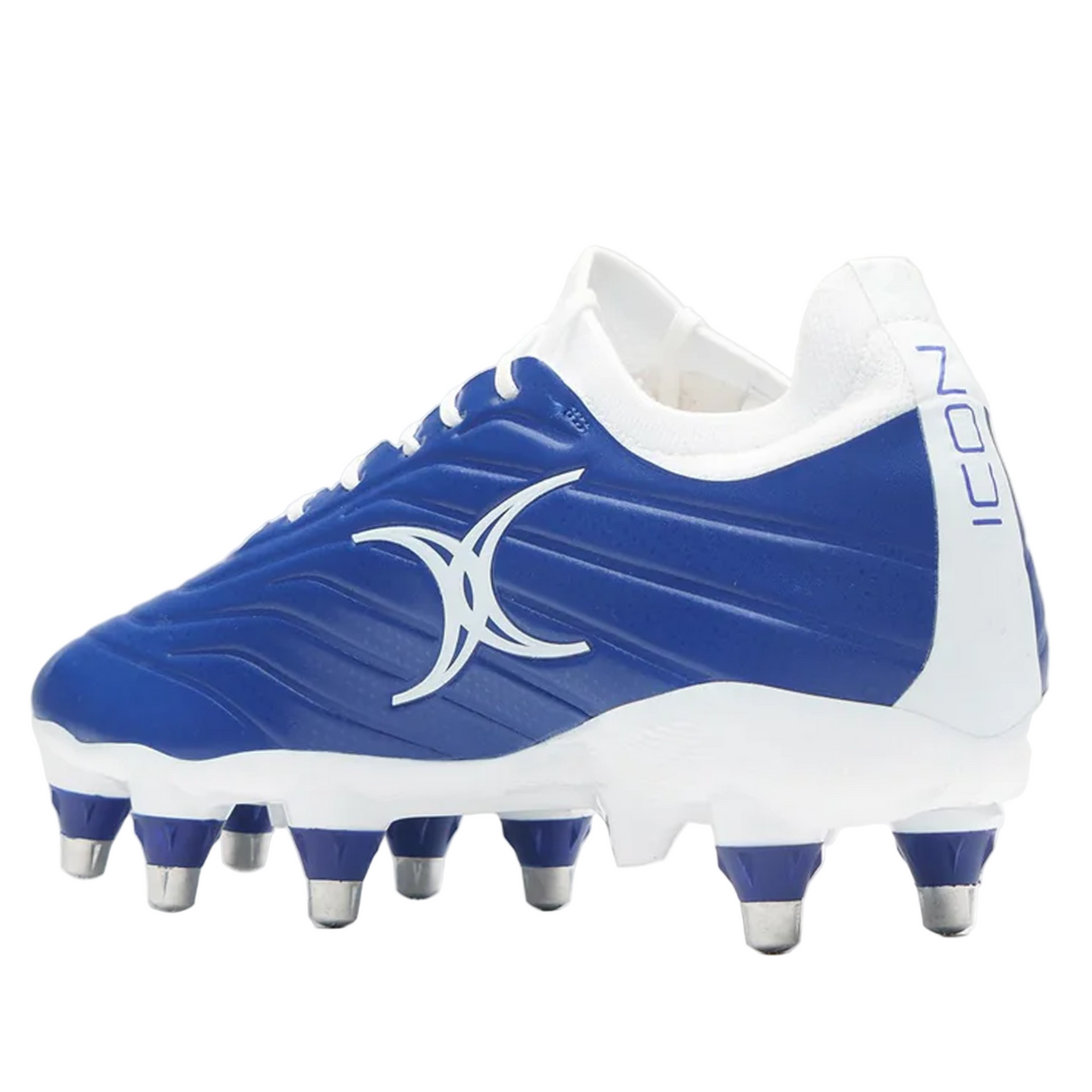 The Icon Power 8S V2 SG by Gilbert is a blue rugby boot with metal-tipped studs, a bold white side logo, and "ICON" printed on the heel.