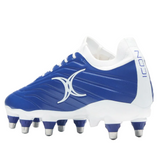 The Icon Power 8S V2 SG by Gilbert is a blue rugby boot with metal-tipped studs, a bold white side logo, and "ICON" printed on the heel.