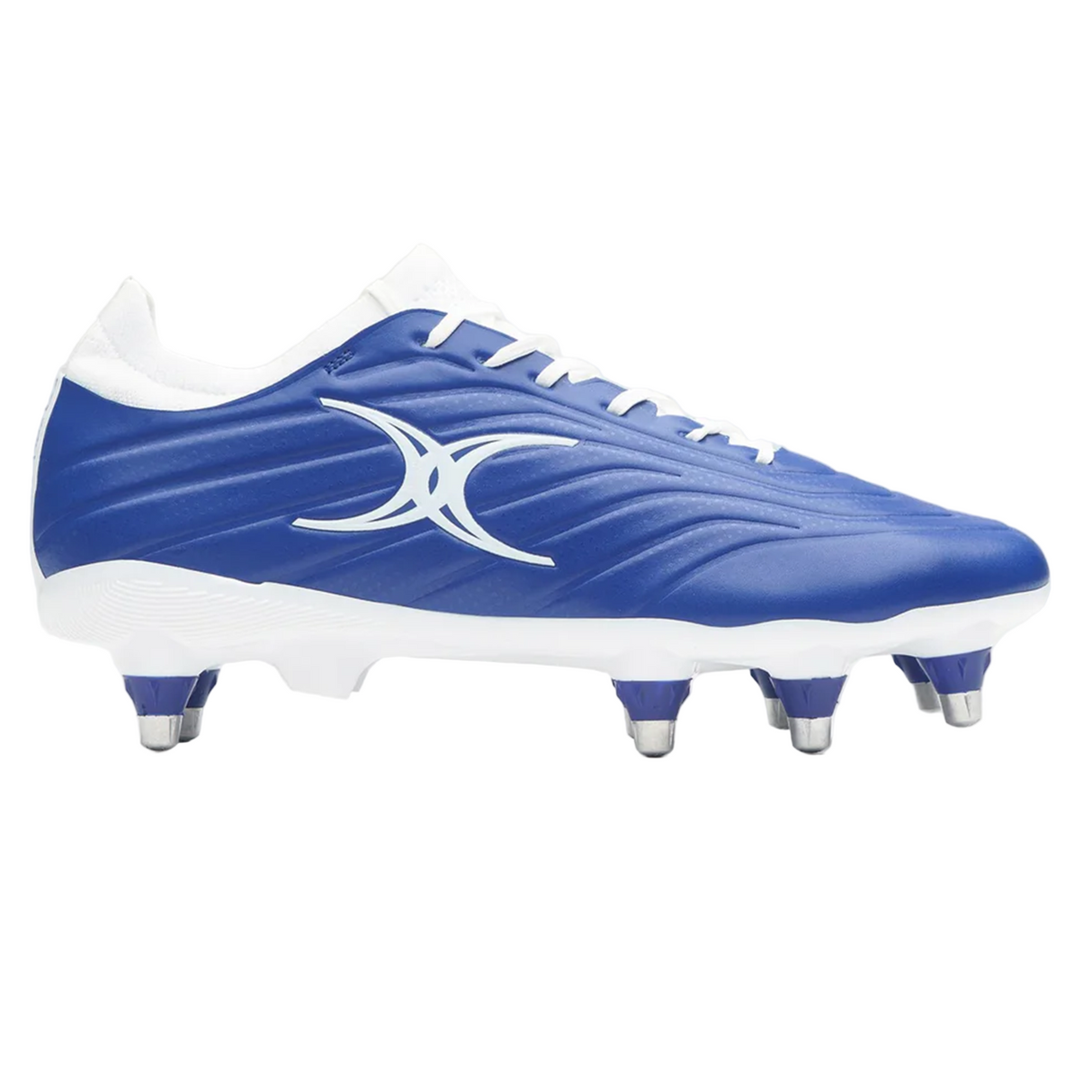 The Gilbert Icon Power 8S V2 SG rugby boot in blue features metal studs and a white side logo, displayed on a white background.