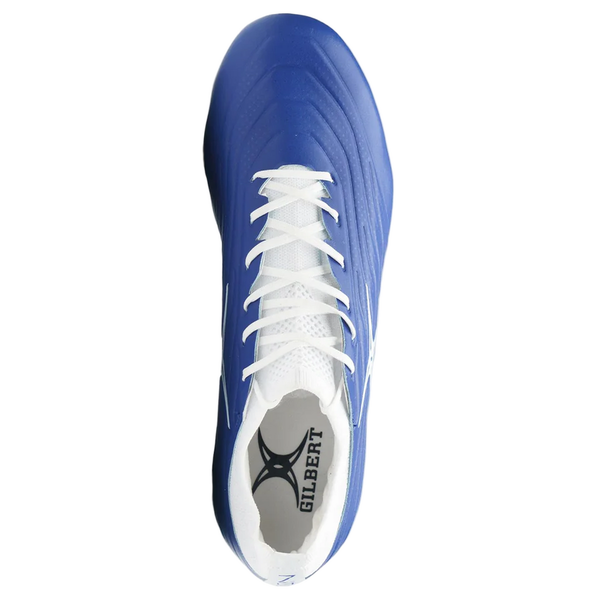 Top view of the Gilbert Icon Power 8S V2 SG in blue with white laces and the Gilbert logo on the insole.