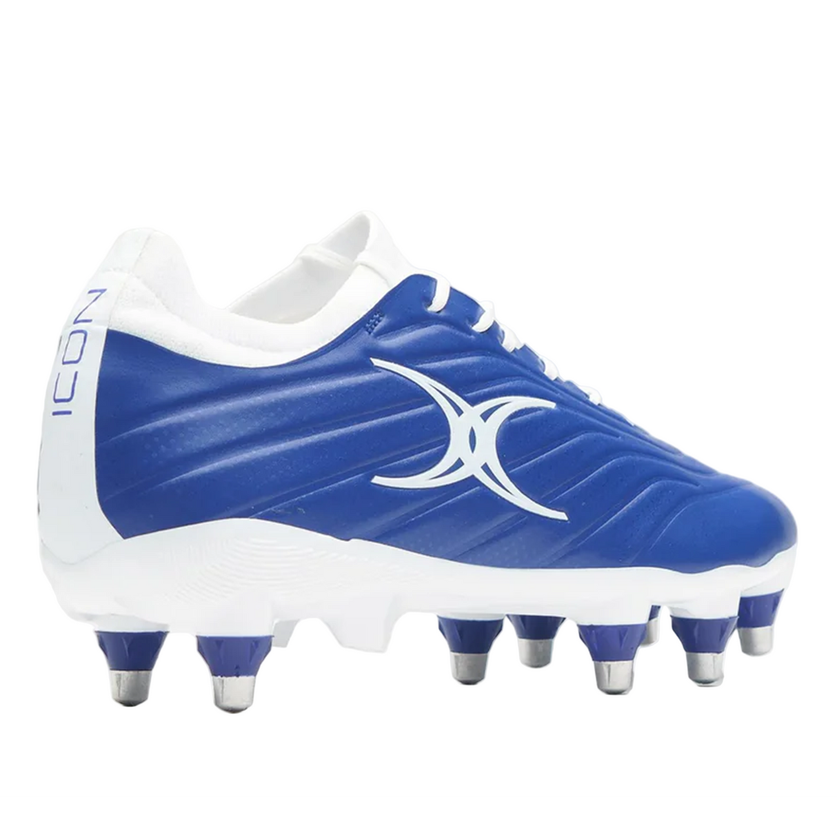 The Gilbert Icon Power 8S V2 SG boot in blue features six metal studs and a bold white "ICON" label on the heel.