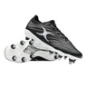 The Gilbert Icon Power 8S V2 SG rugby boots in black feature a classic black and white design with metal studs—one boot upright, one on its side to showcase the stud layout—perfect for soft ground play or scrummaging.
