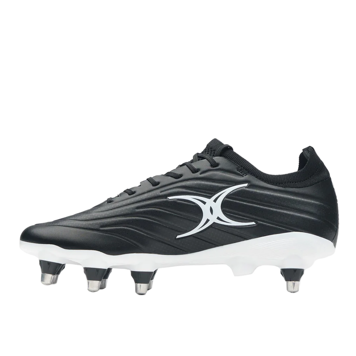 The Gilbert Icon Power 8S V2 SG rugby boot in black features metal studs, a soft ground sole, and a white side logo, shown on a plain background.