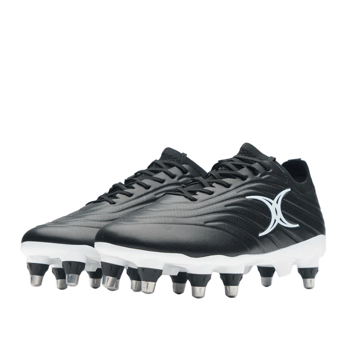 The Gilbert Icon Power 8S V2 SG rugby boots in black feature metal studs and a white Gilbert logo on the side, shown against a plain background.