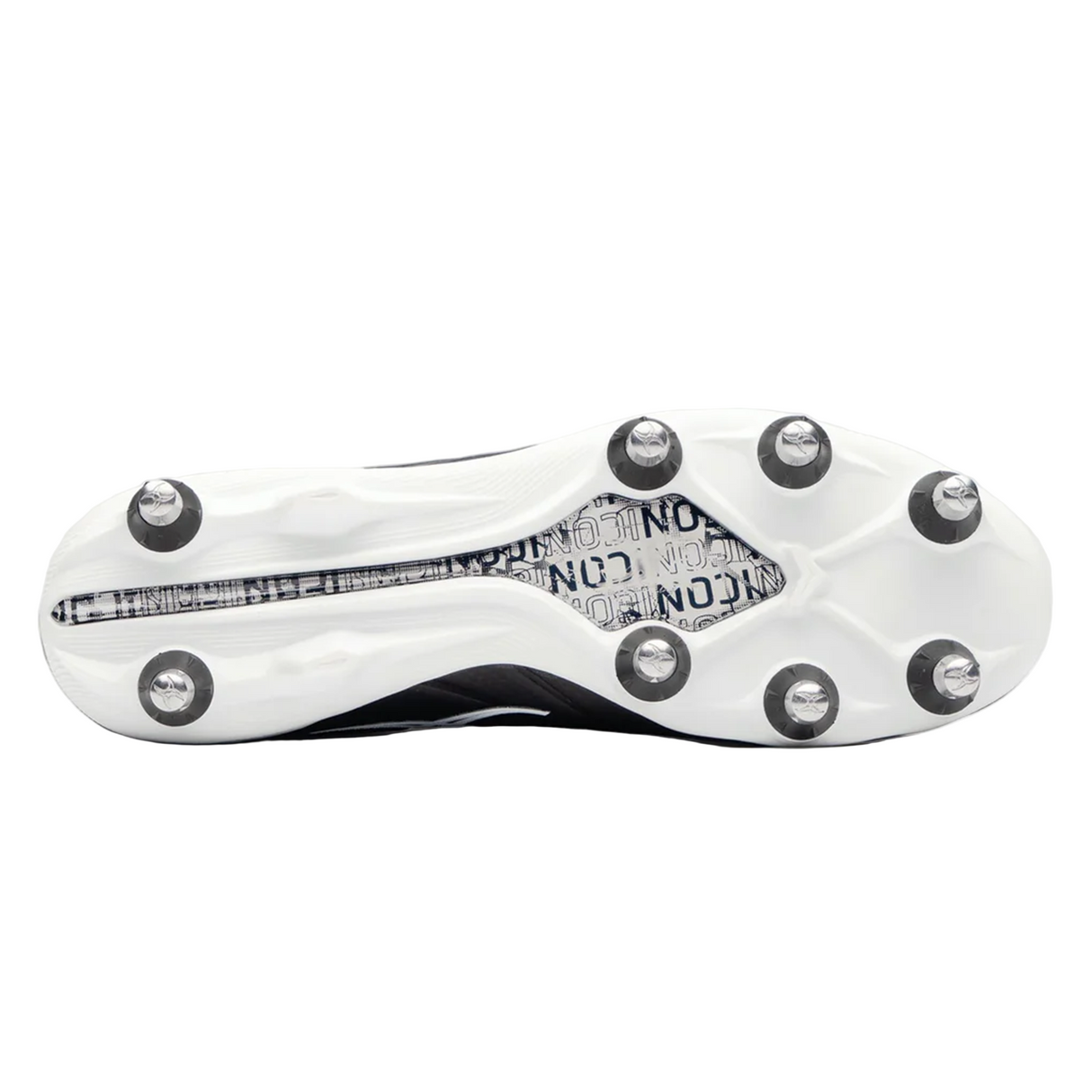 The image shows the white sole of Gilbert Icon Power 8S V2 SG rugby boots in black, featuring eight metal studs and black text on the inner arch area.