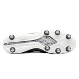 The image shows the white sole of Gilbert Icon Power 8S V2 SG rugby boots in black, featuring eight metal studs and black text on the inner arch area.
