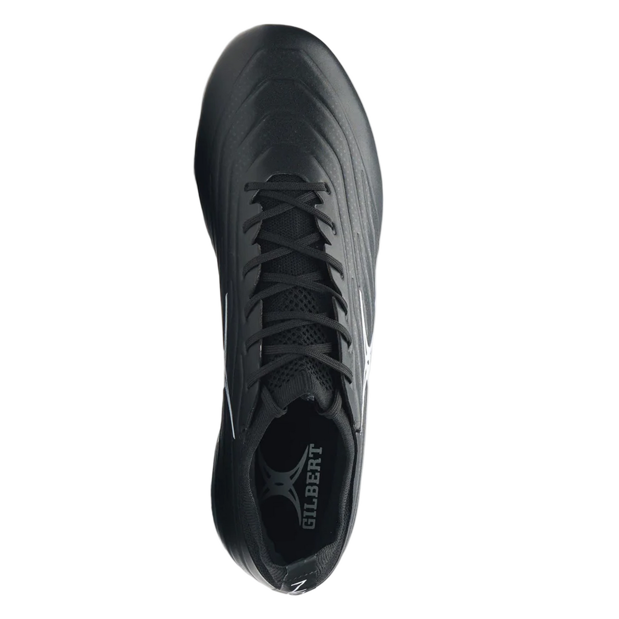 Top view of the Gilbert Icon Power 8S V2 SG rugby boot in black with laces, shown against a light gray background.