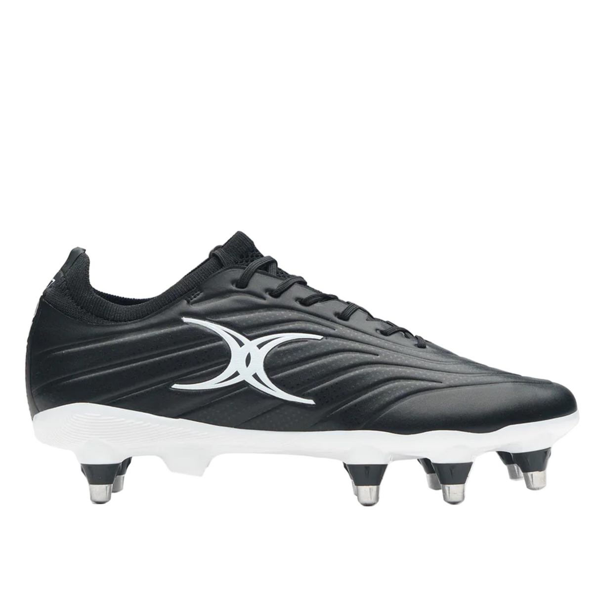 The Gilbert Icon Power 8S V2 SG rugby boots in black feature white studs and a bold white abstract logo on the side, displayed against a plain light background.