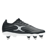 The Gilbert Icon Power 8S V2 SG rugby boots in black feature white studs and a bold white abstract logo on the side, displayed against a plain light background.