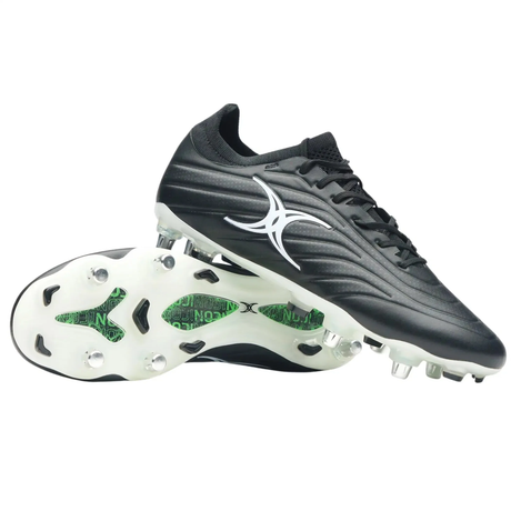 The Gilbert Icon X 6S SG - Black rugby boots by Gilbert feature white soles, metallic studs for soft ground, and a white logo—perfect for agile forwards who want style and superior traction.