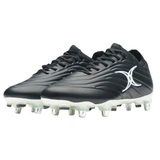 The Gilbert Icon X 6S SG rugby boots in black, featuring white accents and metal studs, are designed for forwards and ideal for soft ground. Displayed on a white background.