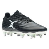 The Gilbert Icon X 6S SG - Black by Gilbert is a black soft ground soccer cleat with white detailing, metal and white sole studs, and a white side logo—ideal for agile forwards needing grip and precision.