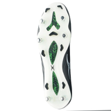 The Gilbert Icon X 6S SG - Black by Gilbert has a white-based sole with six metal studs, extra black rubber grips—perfect for forwards. A transparent section reveals green text, enhancing its sleek black soft ground soccer cleat design.