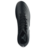 Top view of the Gilbert Icon X 6S SG rugby boot in black with white accents and "GILBERT" branding on insole and side—designed as soft ground boots for superior grip on wet pitches.
