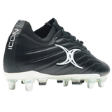 The Gilbert Icon X 6S SG - Black rugby boot features white accents, a side Gilbert logo, and "ICON" on the heel—perfect for players needing reliable soft ground boots. Shown on a white background.