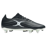 The Gilbert Icon X 6S SG - Black by Gilbert is a black rugby boot with a white side logo, molded studs, and a low-cut design, shown in side profile—perfect for agile forwards seeking performance on the field.