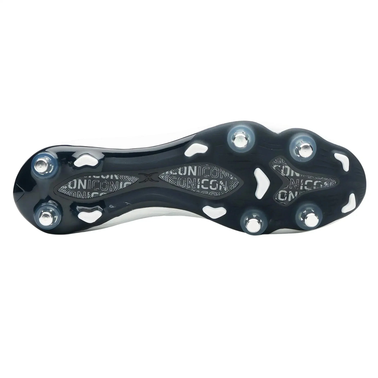 The underside of the Gilbert Icon X 6S SG - White sports cleat shows a black sole with metal studs for soft ground, and "Gilbert" printed on the inner sole.