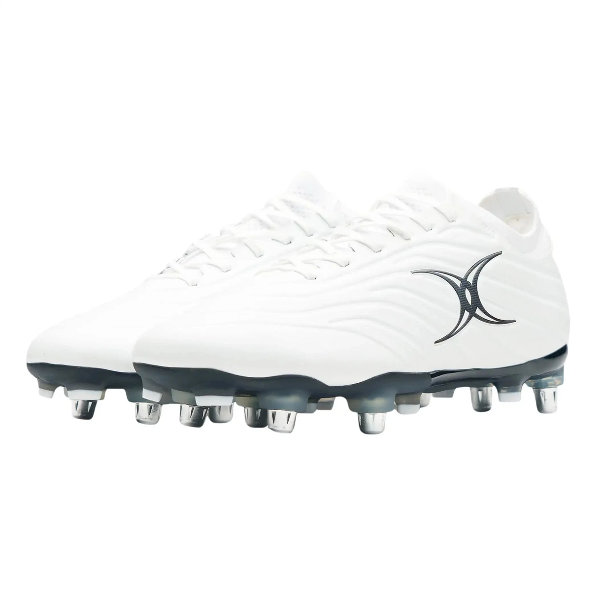 The Gilbert Icon X 6S SG rugby boots in white feature metallic studs and a black stylized "X" logo, ideal for forwards on soft ground, displayed on a plain white background.
