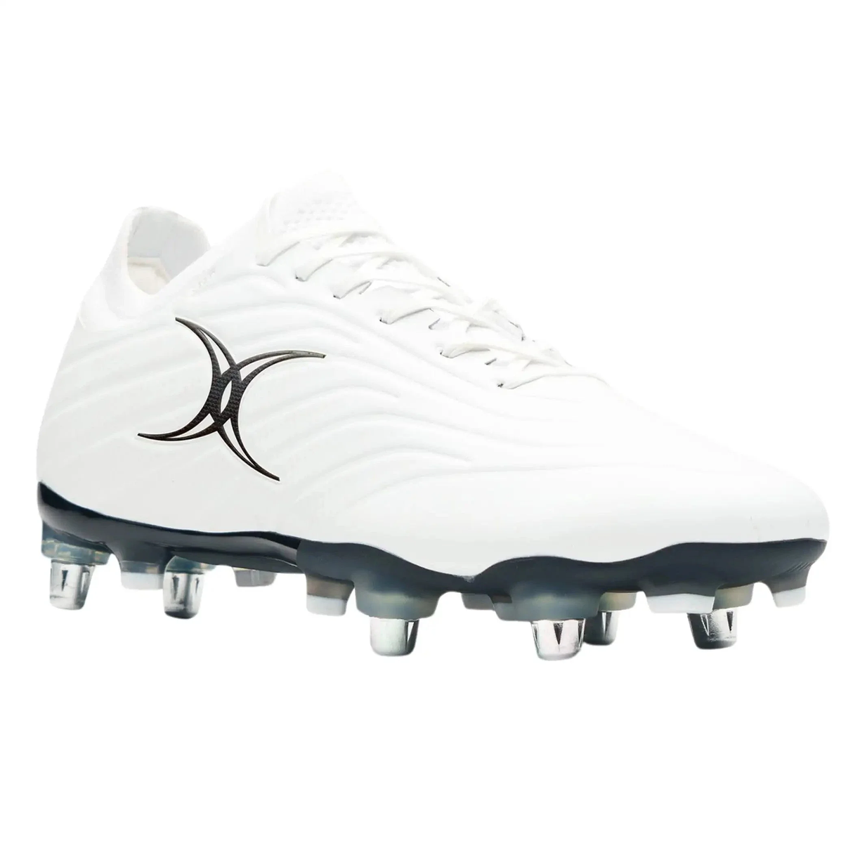 The Gilbert Icon X 6S SG - White rugby boot by Gilbert features a soft white upper, black and silver studs for forwards, a black curved logo on the side, and white laces.