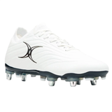 The Gilbert Icon X 6S SG - White rugby boot by Gilbert features a soft white upper, black and silver studs for forwards, a black curved logo on the side, and white laces.