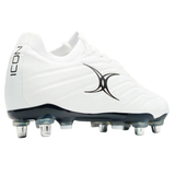 The Gilbert Icon X 6S SG - White is a white soft ground rugby boot with black accents, "ICON" on the heel, a stylized black logo on the side, and six transparent studs—ideal for forwards.