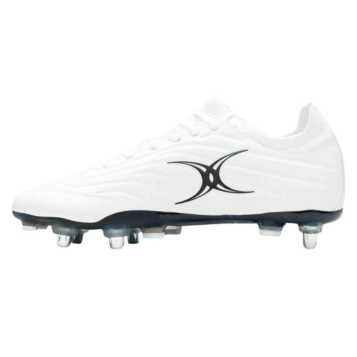 The Gilbert Icon X 6S SG - White is a white rugby boot by Gilbert, featuring black and silver soft ground studs and a black abstract logo on the side, displayed on a white background. Perfect for forwards wanting grip and style.