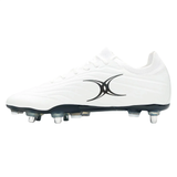 The Gilbert Icon X 6S SG - White is a white rugby boot by Gilbert, featuring black and silver soft ground studs and a black abstract logo on the side, displayed on a white background. Perfect for forwards wanting grip and style.