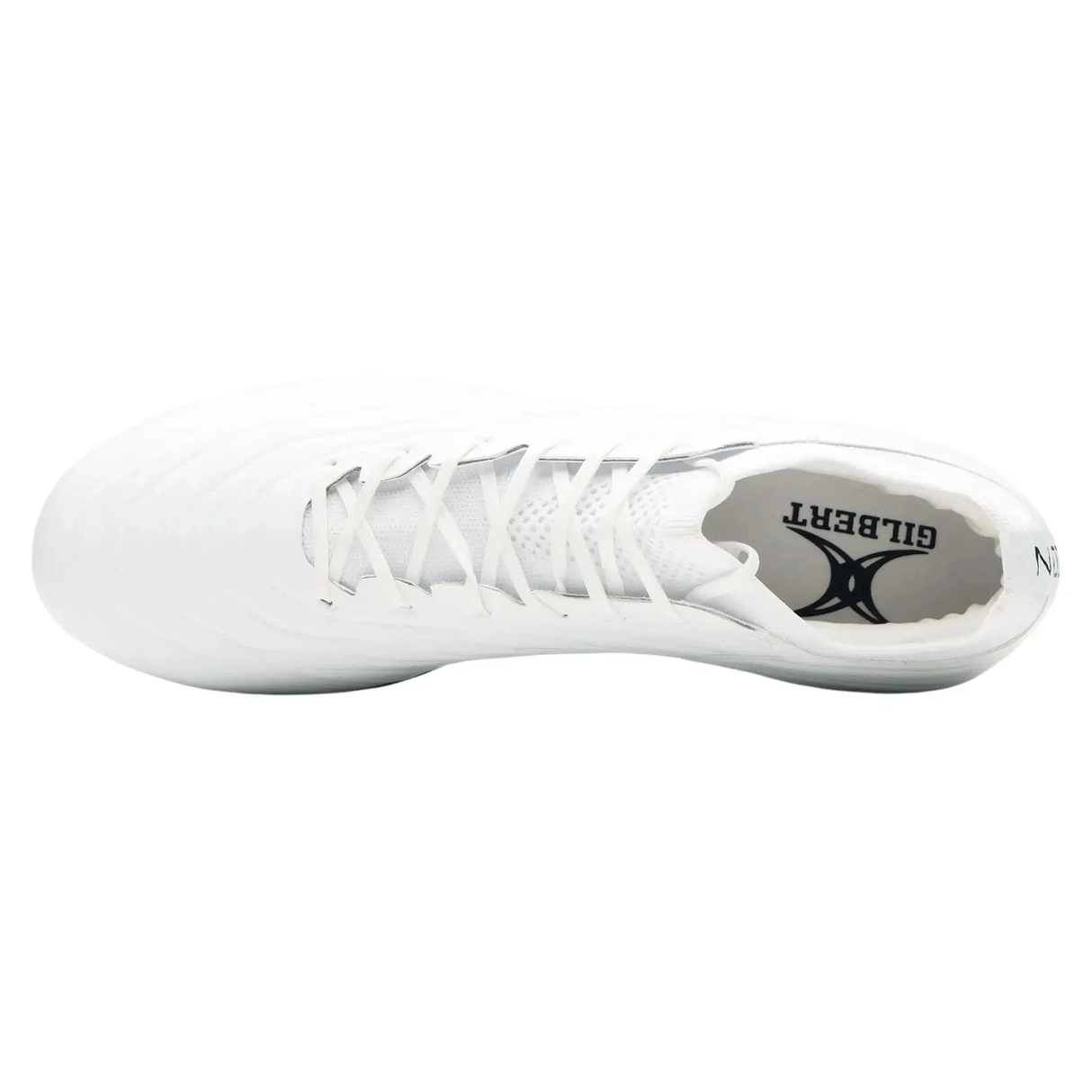 Top view of the Gilbert Icon X 6S SG rugby boot in white, featuring laces and "GILBERT" on the insole; designed for forwards and ideal for soft ground.