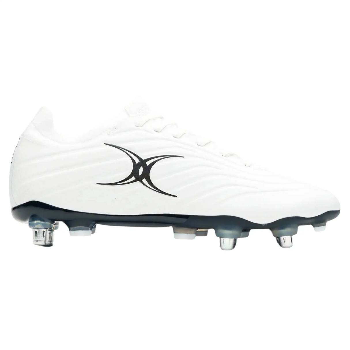 The Gilbert Icon X 6S SG - White is a white soft ground soccer cleat with black accents and a black abstract logo, featuring metal studs for reliable traction—perfect for forwards.