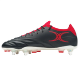 The Gilbert Icon Players 6S SG - Black by Gilbert is a black soft ground soccer cleat with red accents, laces, and logo, plus metal and plastic studs on a white sole—ideal for elite players seeking peak performance.