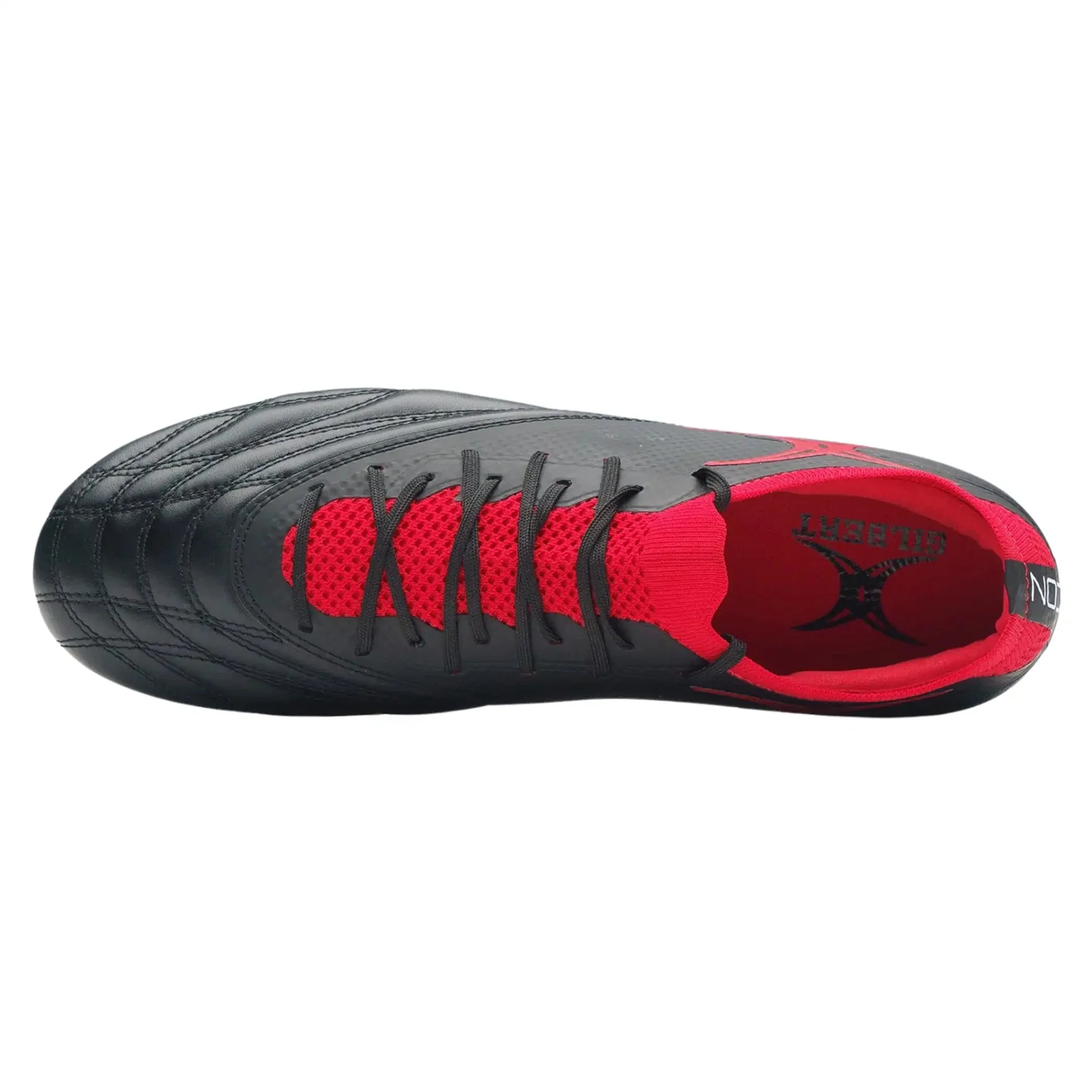 Top view of the Gilbert Icon Players 6S SG rugby boot by Gilbert in black with red mesh details and black laces, showcasing interior and upper stitching—perfect for elite players seeking performance on soft ground.
