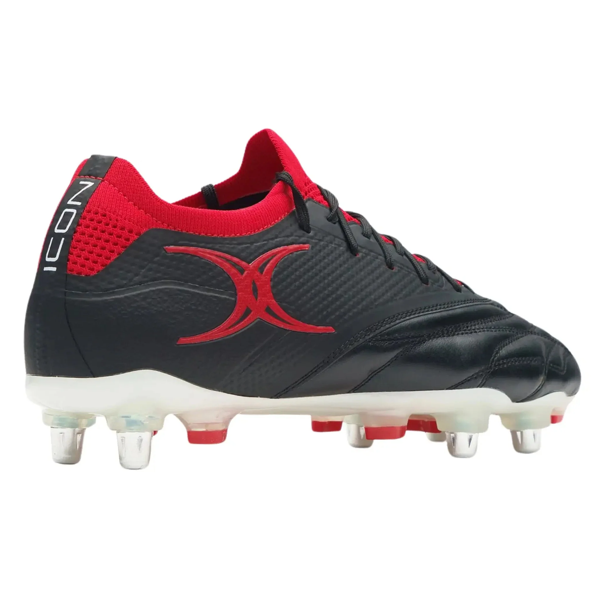 The Gilbert Icon Players 6S SG - Black is a black and red soft ground rugby boot by Gilbert, featuring metal studs and "ICON" branding on the heel, displayed side-on against a white background.