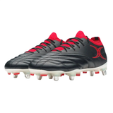 The Gilbert Icon Players 6S SG rugby boots by Gilbert feature a black design with red details, metal studs for soft ground, and are crafted for elite players. Shown against a white background.
