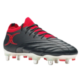 The Gilbert Icon Players 6S SG - Black by Gilbert is a black soccer cleat with red accents, metal studs for soft ground, and a bold red logo on the side, designed for elite players.