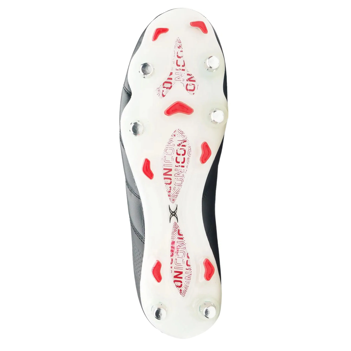 The image shows the underside of the Gilbert Icon Players 6S SG rugby boot in black by Gilbert, featuring a white sole with six metal studs and red grip elements, designed for elite performance on soft ground.