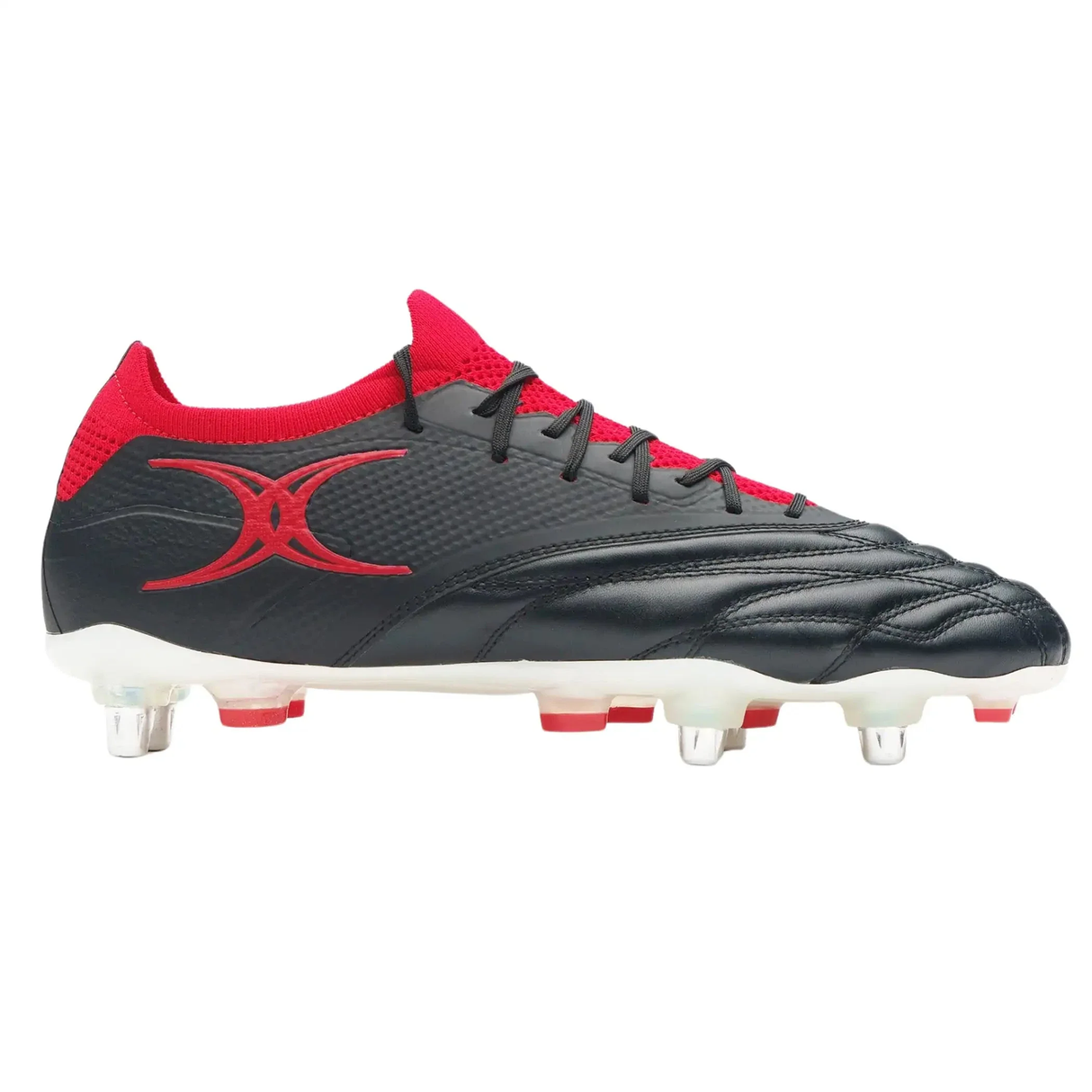 The Gilbert Icon Players 6S SG - Black by Gilbert is a black and red soft ground soccer cleat with metal/plastic studs, a textured upper, and a bold red logo—perfect for elite players demanding high performance.