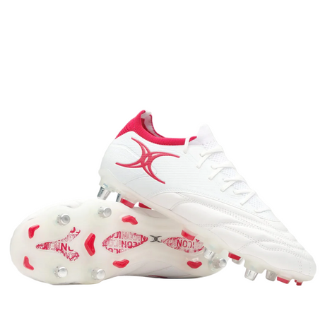 The Gilbert Icon Players 6S - White football shoes by Gilbert, designed for elite players, deliver top performance and control on soft ground.