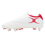 The Gilbert Icon Players 6S - White by Gilbert is a white soccer cleat with red accents and a red side logo, featuring metal-tipped studs ideal for soft ground, designed for elite players.