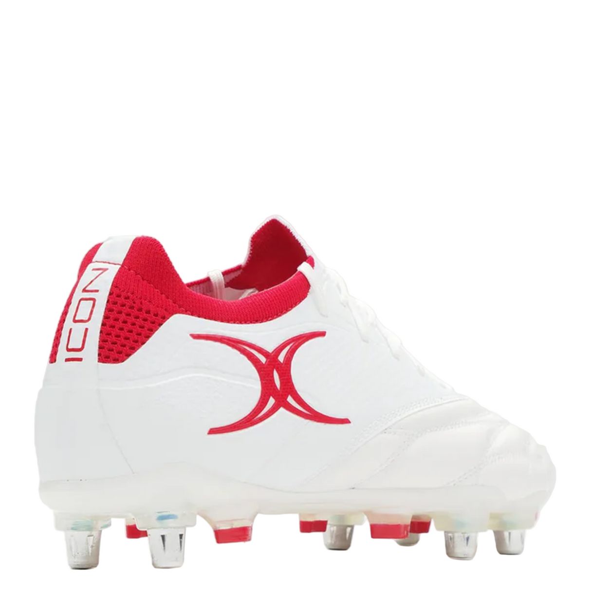 The Gilbert Icon Players 6S rugby boot by Gilbert features a white design with red accents, including a red logo and heel details, plus metal studs for elite soft ground performance. Displayed on a plain white background.