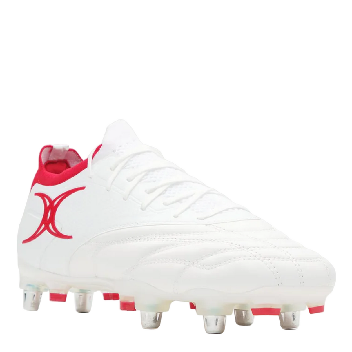 The Gilbert Icon Players 6S - White soccer cleat by Gilbert features red accents, metal studs for soft ground, a red side logo, and a lace-up design—perfect for elite players seeking top performance.