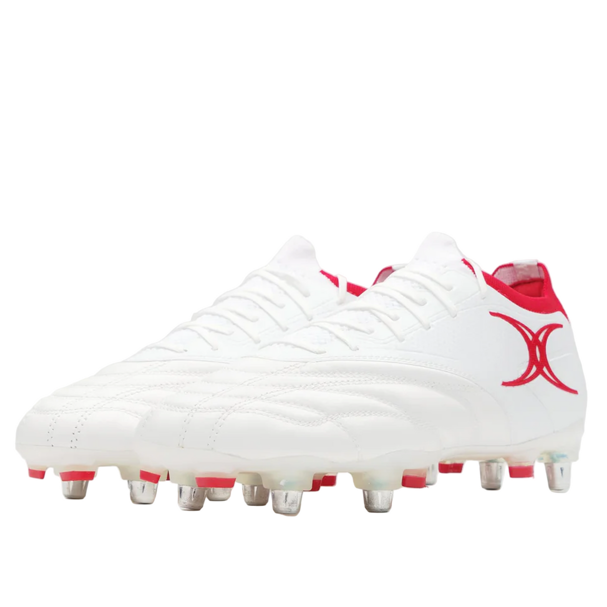The Gilbert Icon Players 6S rugby boots by Gilbert feature a white design with red accents, metallic studs for superior grip on soft ground, and a bold red side logo—perfect for elite players.