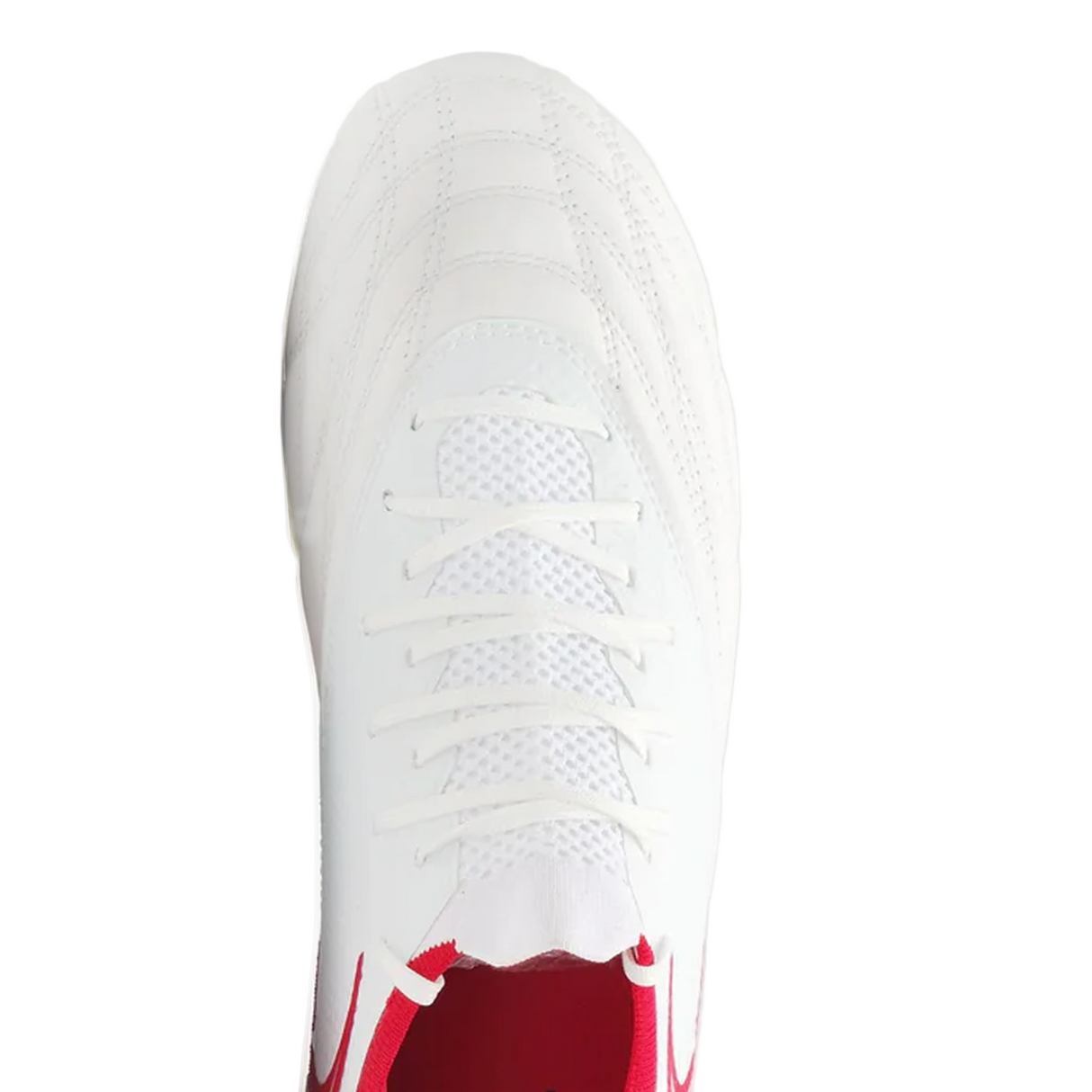 Top view of the Gilbert Icon Players 6S - White by Gilbert, featuring white laces and a red interior lining, designed for elite performance similar to top rugby boots, shown against a plain white background.